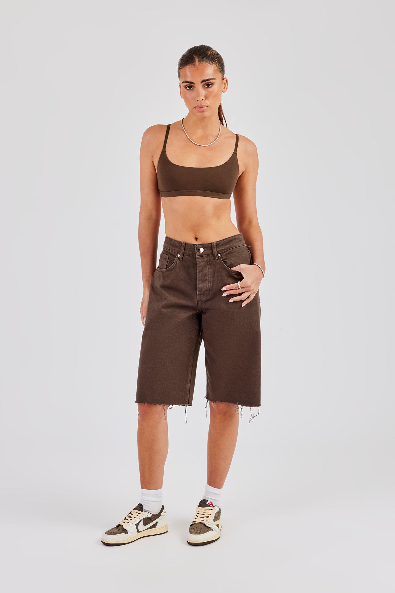 Embellished Denim Jorts - Chocolate