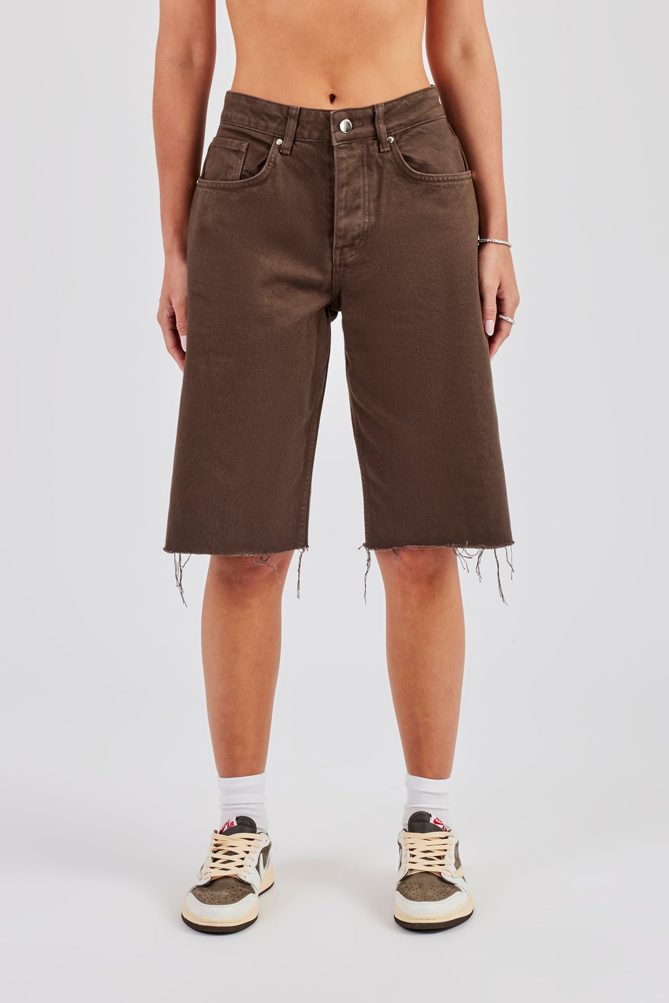 Embellished Denim Jorts - Chocolate