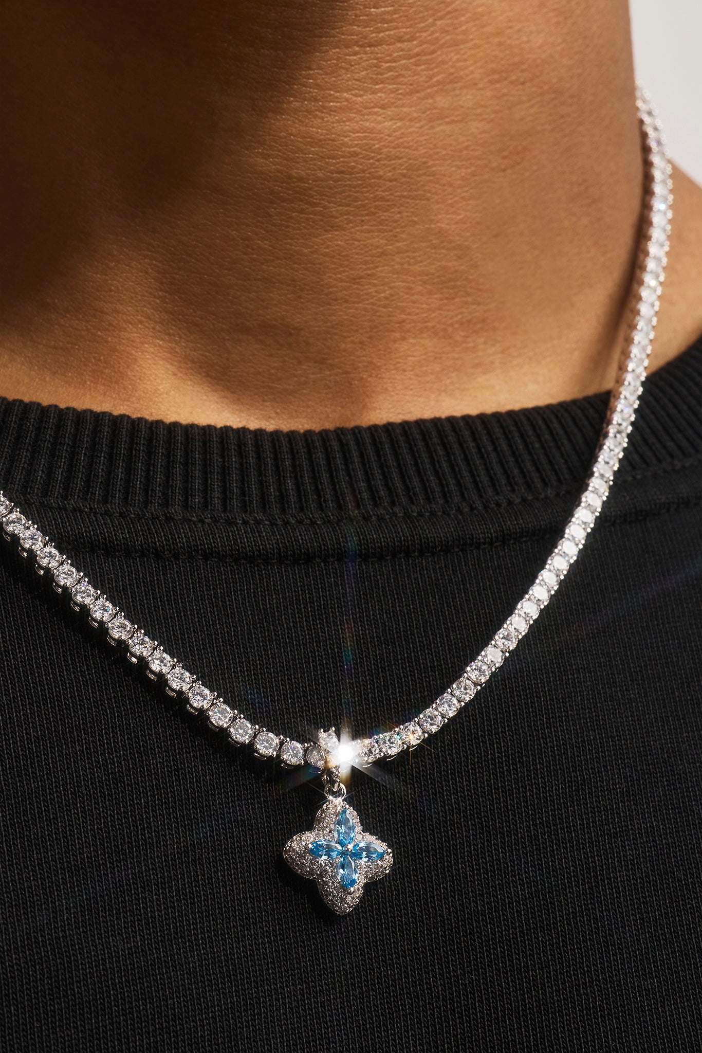 Iced Blue Baguette Motif Infinity Tennis Necklace - 15mm - White