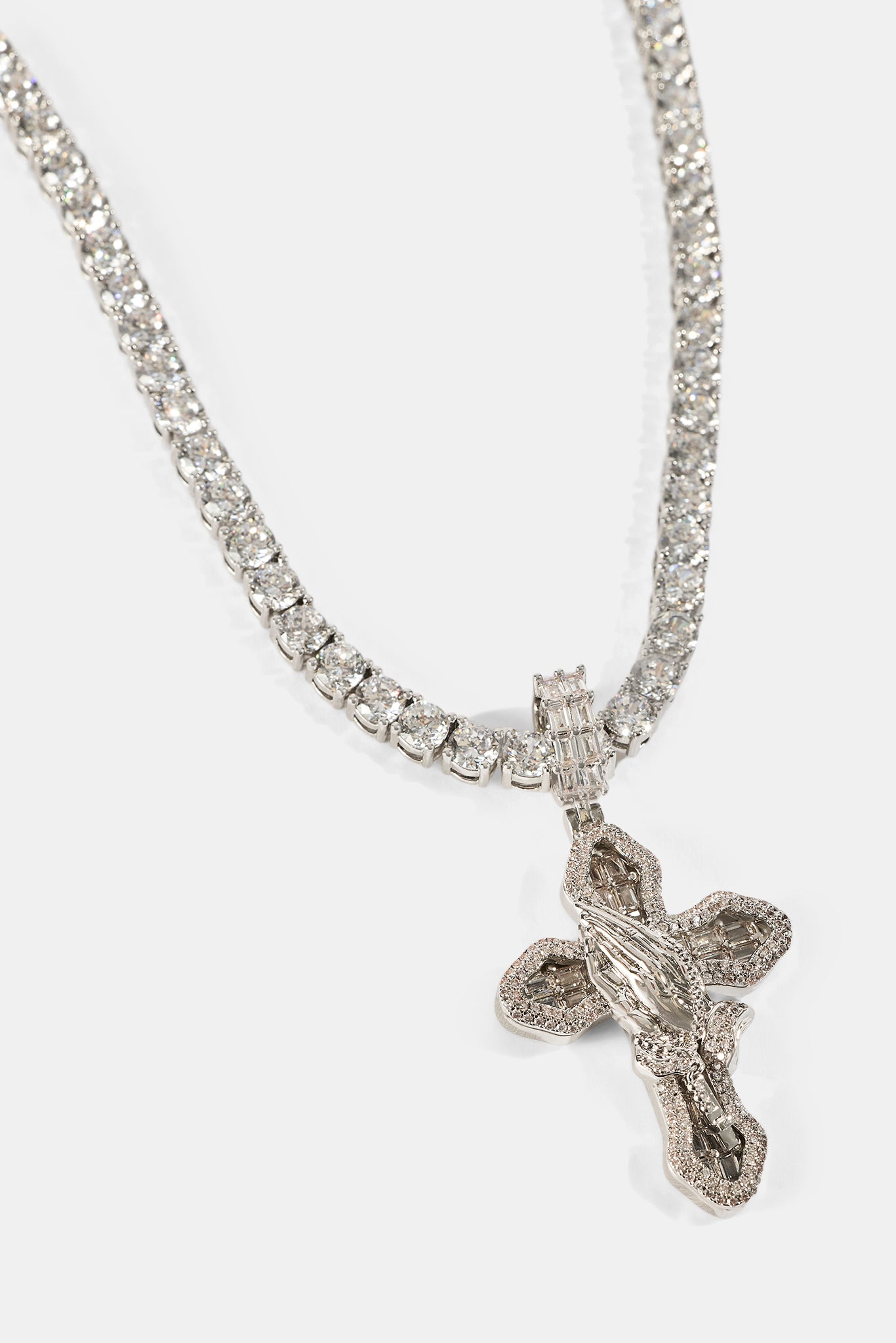 Iced Prayer Hand Cross Pendant Tennis Necklace - 40mm - White