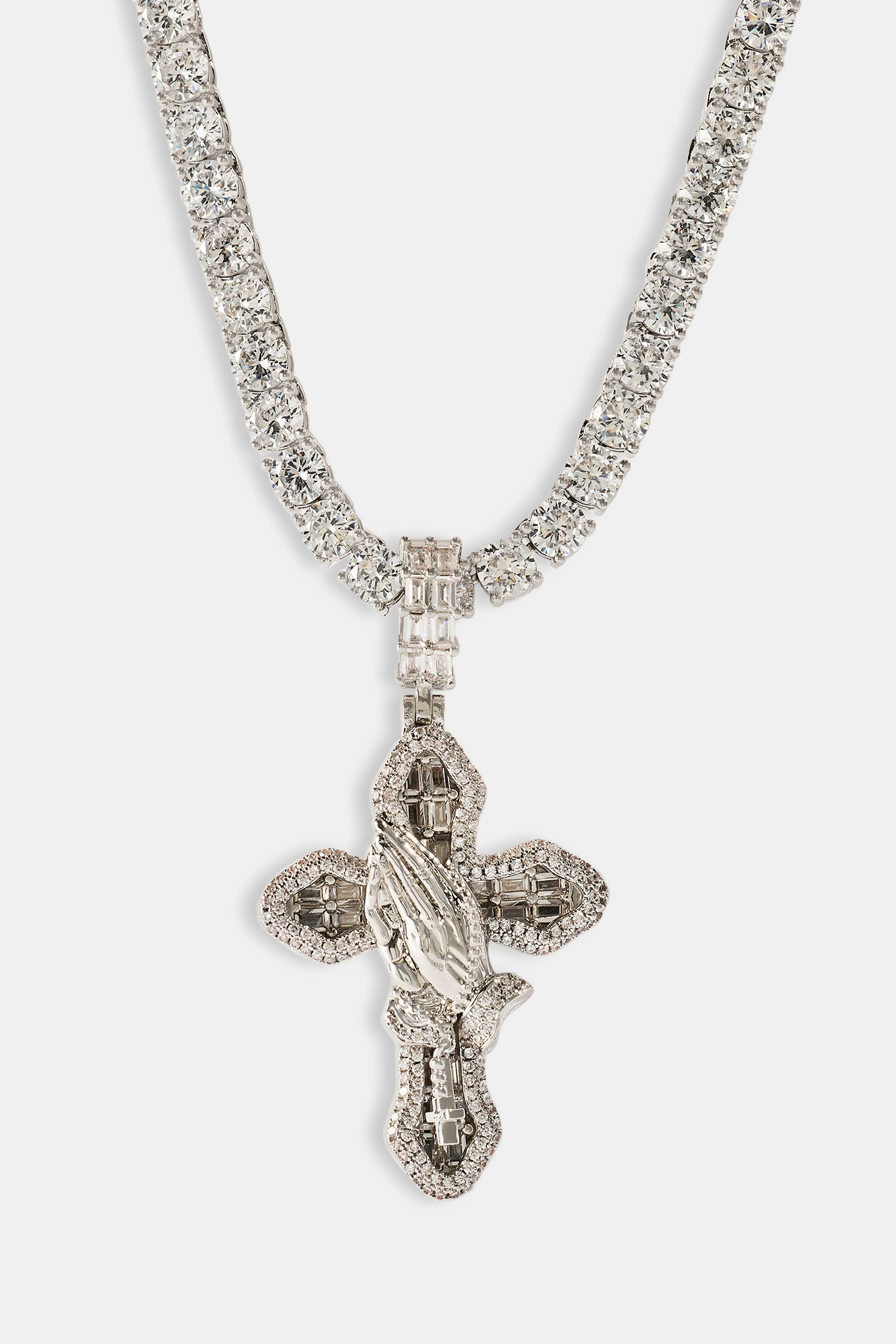 Iced Prayer Hand Cross Pendant Tennis Necklace - 40mm - White