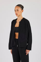 Ribbed Knit Collarless Bomber - Black