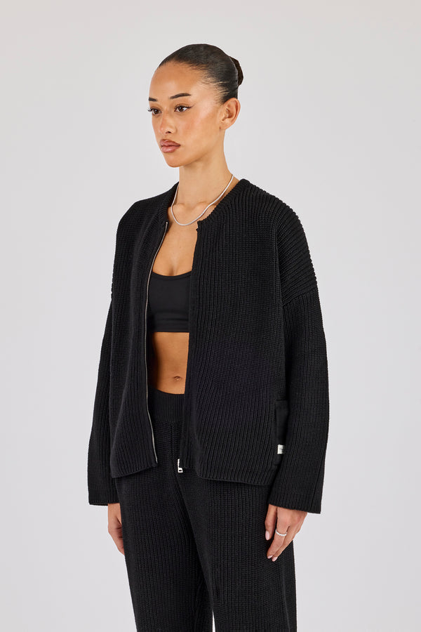 Ribbed Knit Collarless Bomber - Black