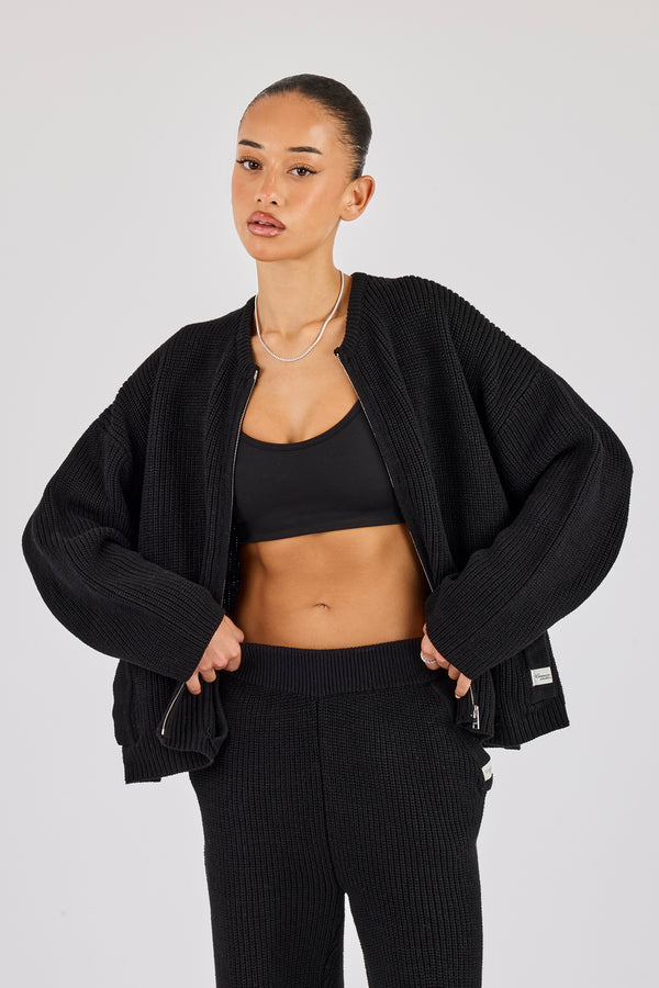 Ribbed Knit Collarless Bomber - Black