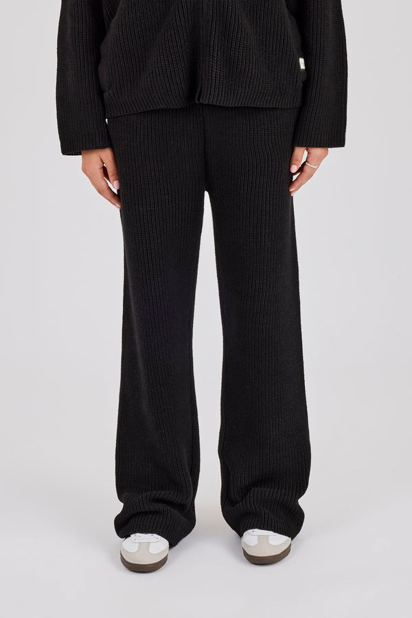 Gerippte Jogginghose mit weitem Bein – Schwarz