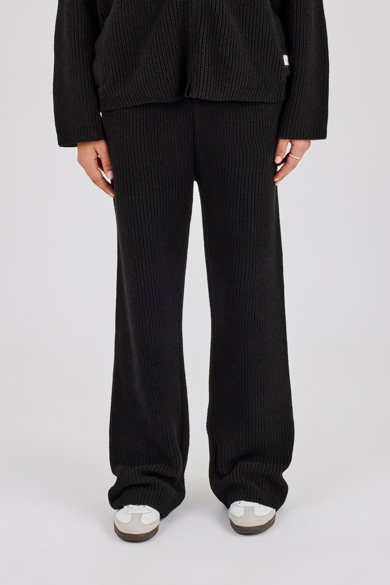 Ribbed Knit Wide Leg Jogger - Black