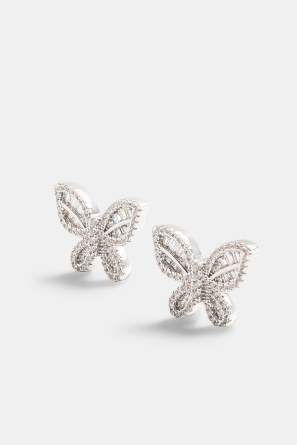 Iced Baguette CZ Butterfly Stud Earrings