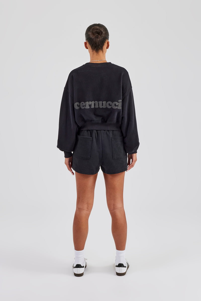Kurzer Pullover und bestickte Shorts - Schwarz