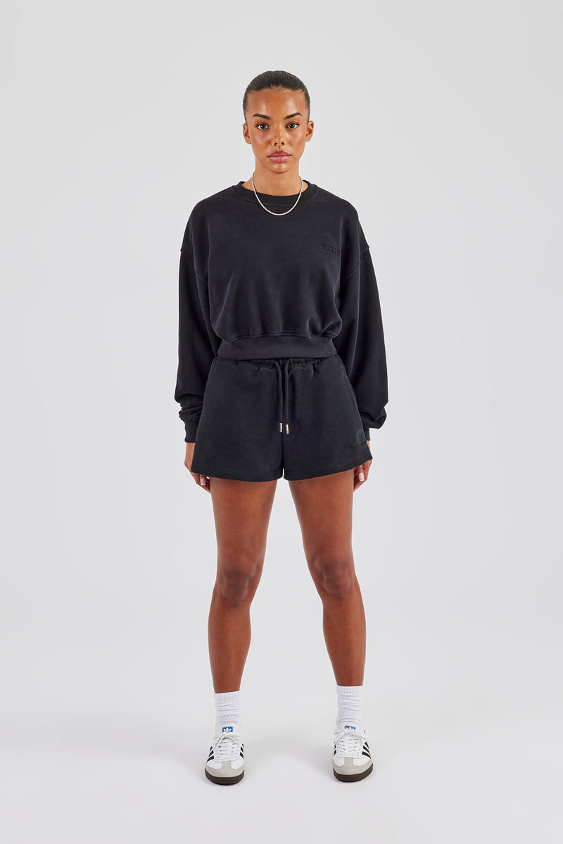 Kurzer Pullover und bestickte Shorts - Schwarz