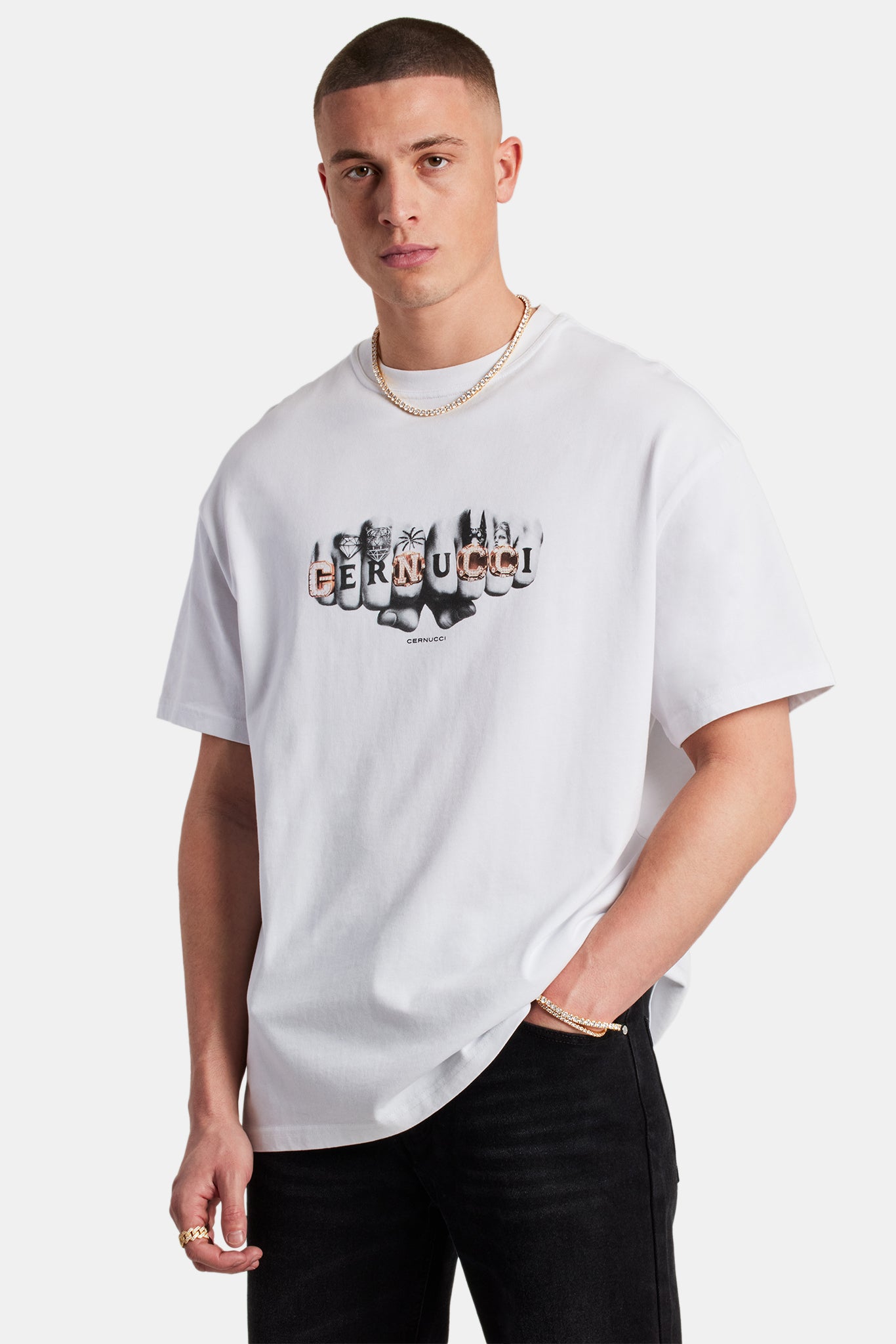 Cernucci Knuckles Oversized T-Shirt - White | Mens Tees & Vests