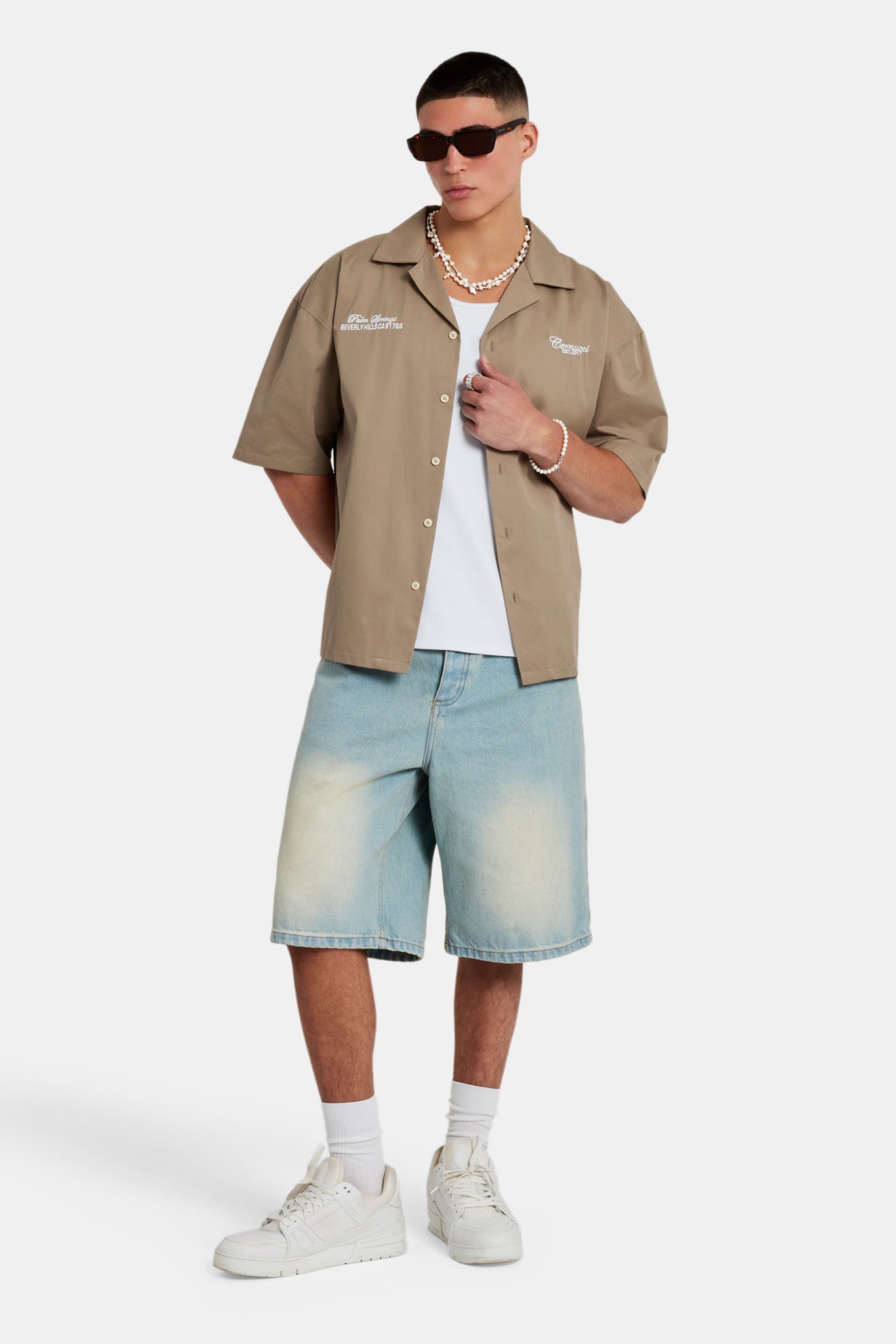 Bleached Distressed Patch Denim Bermuda Shorts