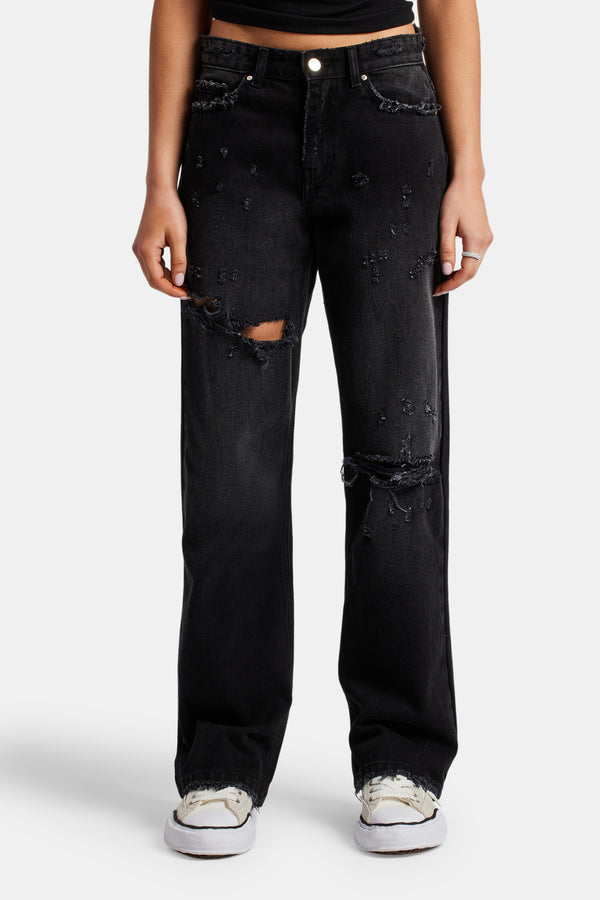 Relaxed Ripped Jeans With Distressing - Washed Black