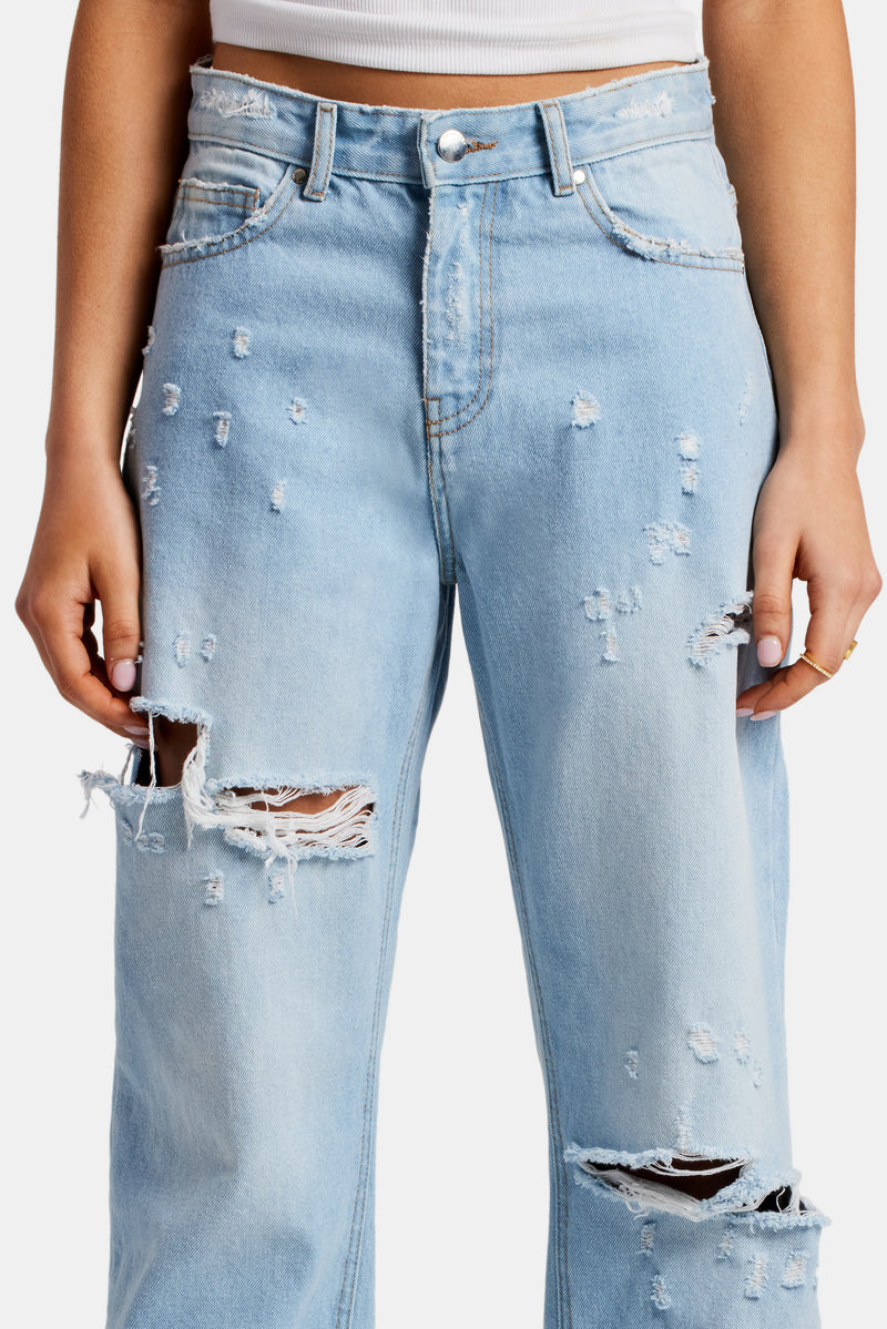 Relaxed Ripped Jeans With Distressing - Light Blue