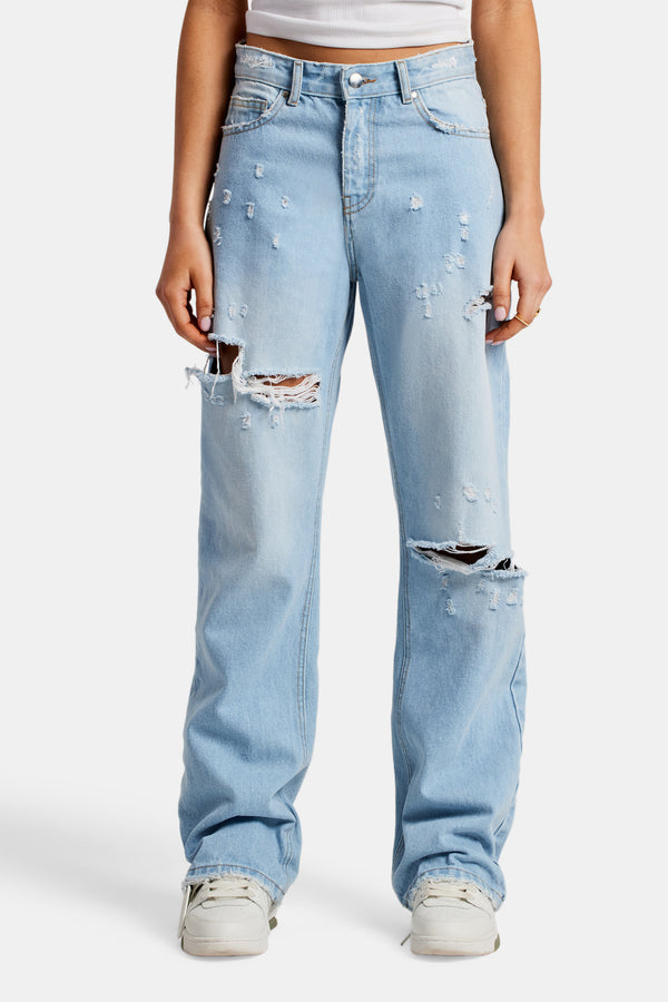 Relaxed Ripped Jeans With Distressing - Light Blue