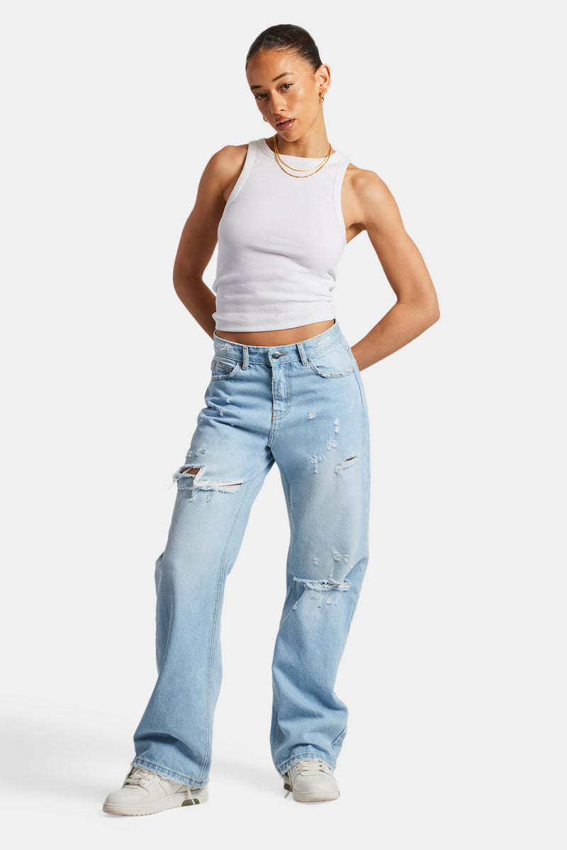 Relaxed Ripped Jeans With Distressing Light Blue Womens Denim