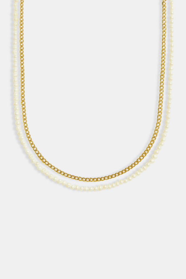 Gold Plated Double Layer Freshwater Pearl & Chain Necklace