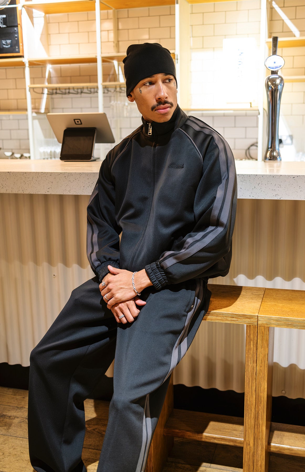 Funnel Neck Tape Detail Track Jacket & Relaxed Trouser - Black