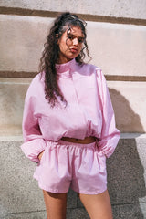 Stripe Nylon Funnel Neck Jacket & Short - Pink
