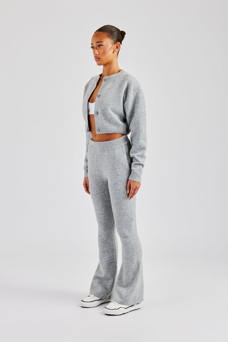 Knitted Cropped Cardigan Flare Trouser Grey Womens Sets