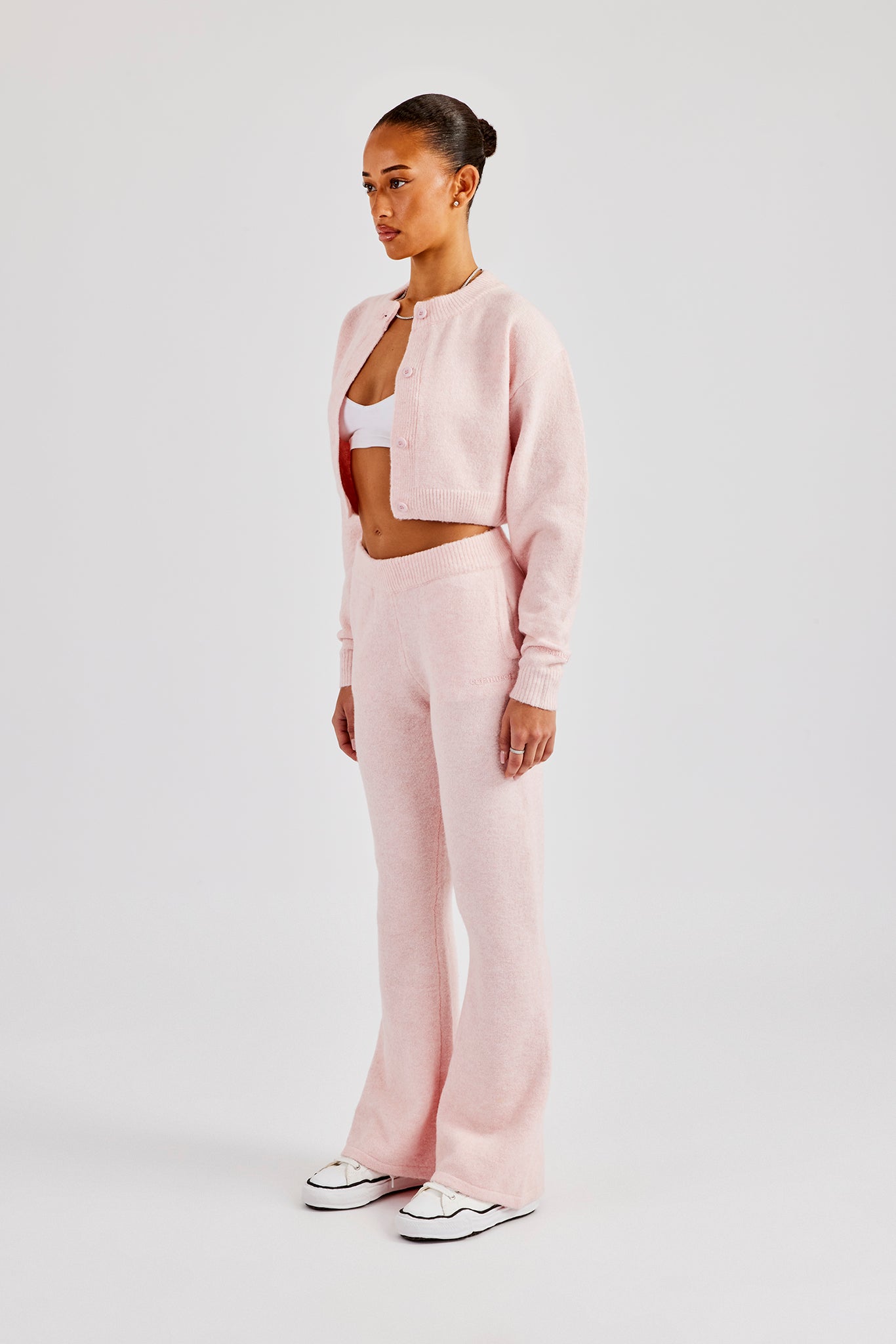 Knitted Cropped Cardigan & Flare Trouser - Baby Pink