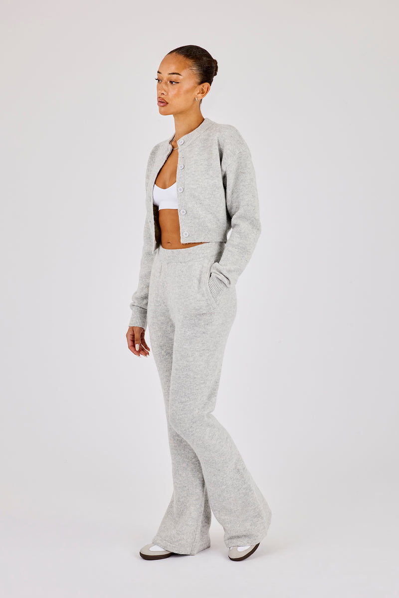 Knitted Cropped Cardigan & Flare Trouser - Grey