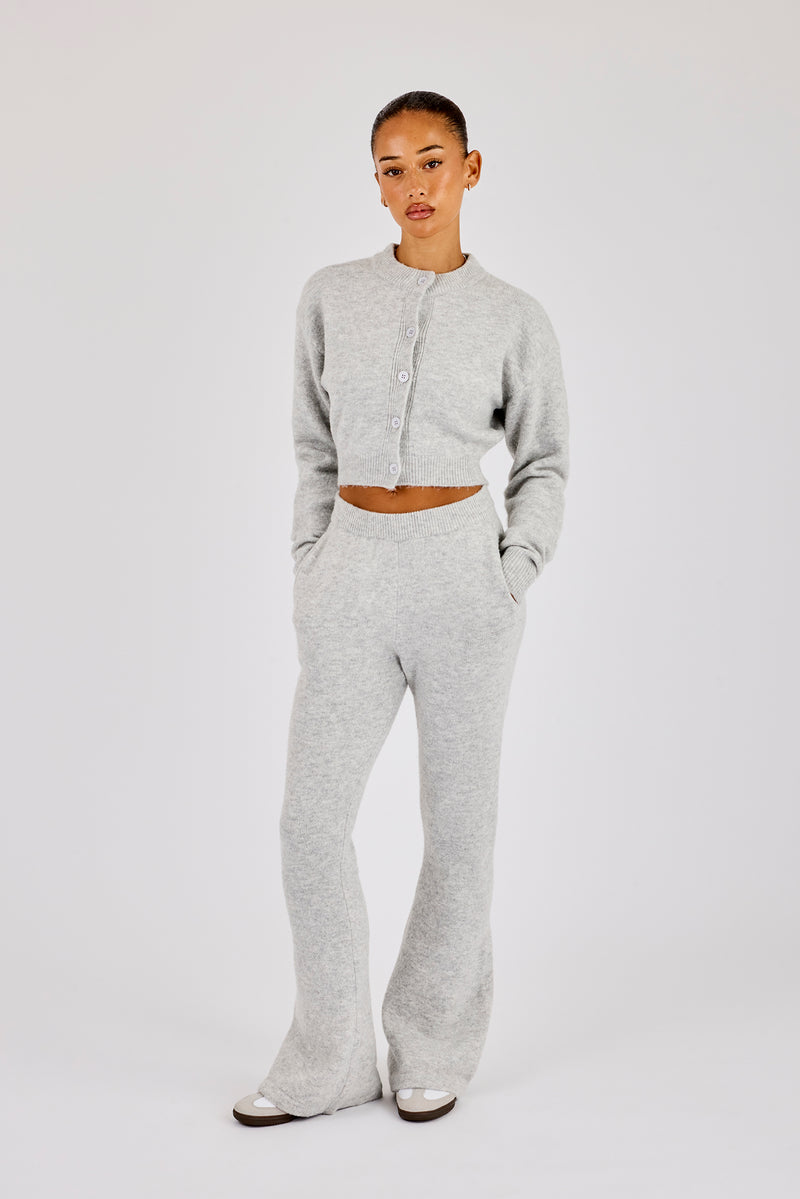Knitted Cropped Cardigan & Flare Trouser - Grey