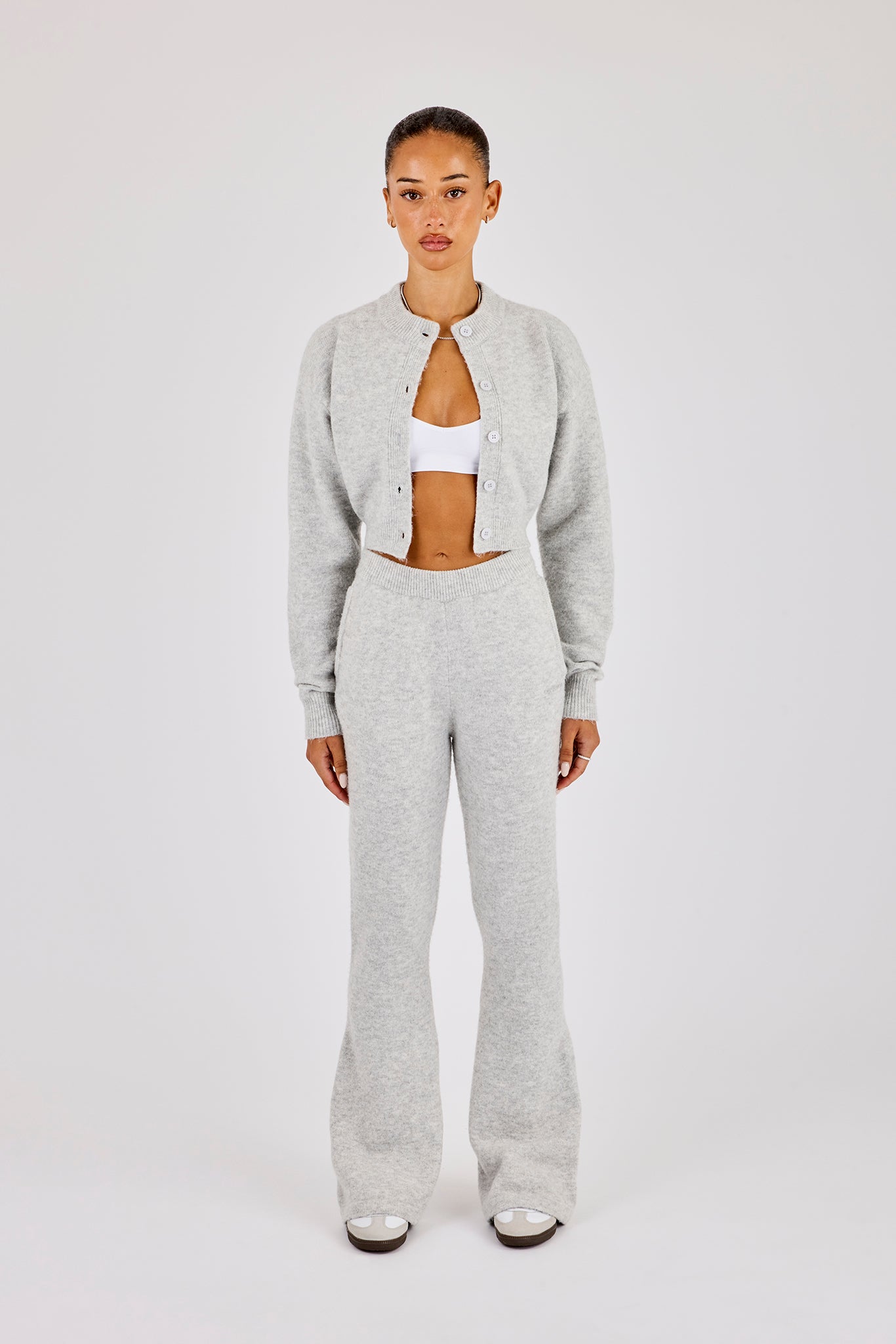 Knitted Cropped Cardigan & Flare Trouser - Grey | Womens Sets