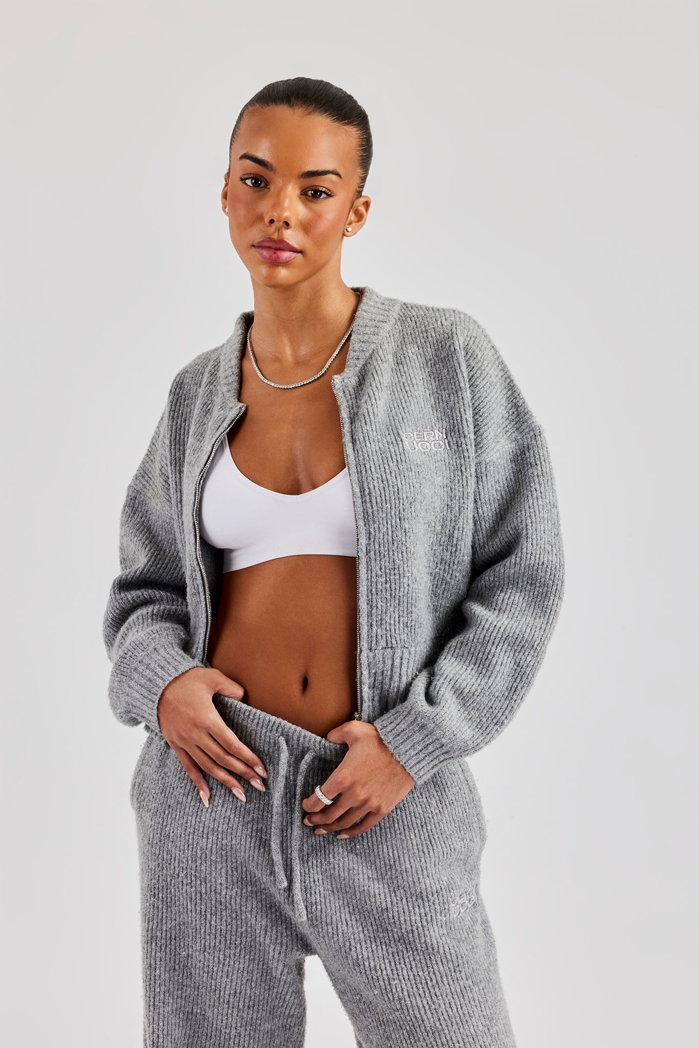 Knitted Zip Front Bomber - Grey