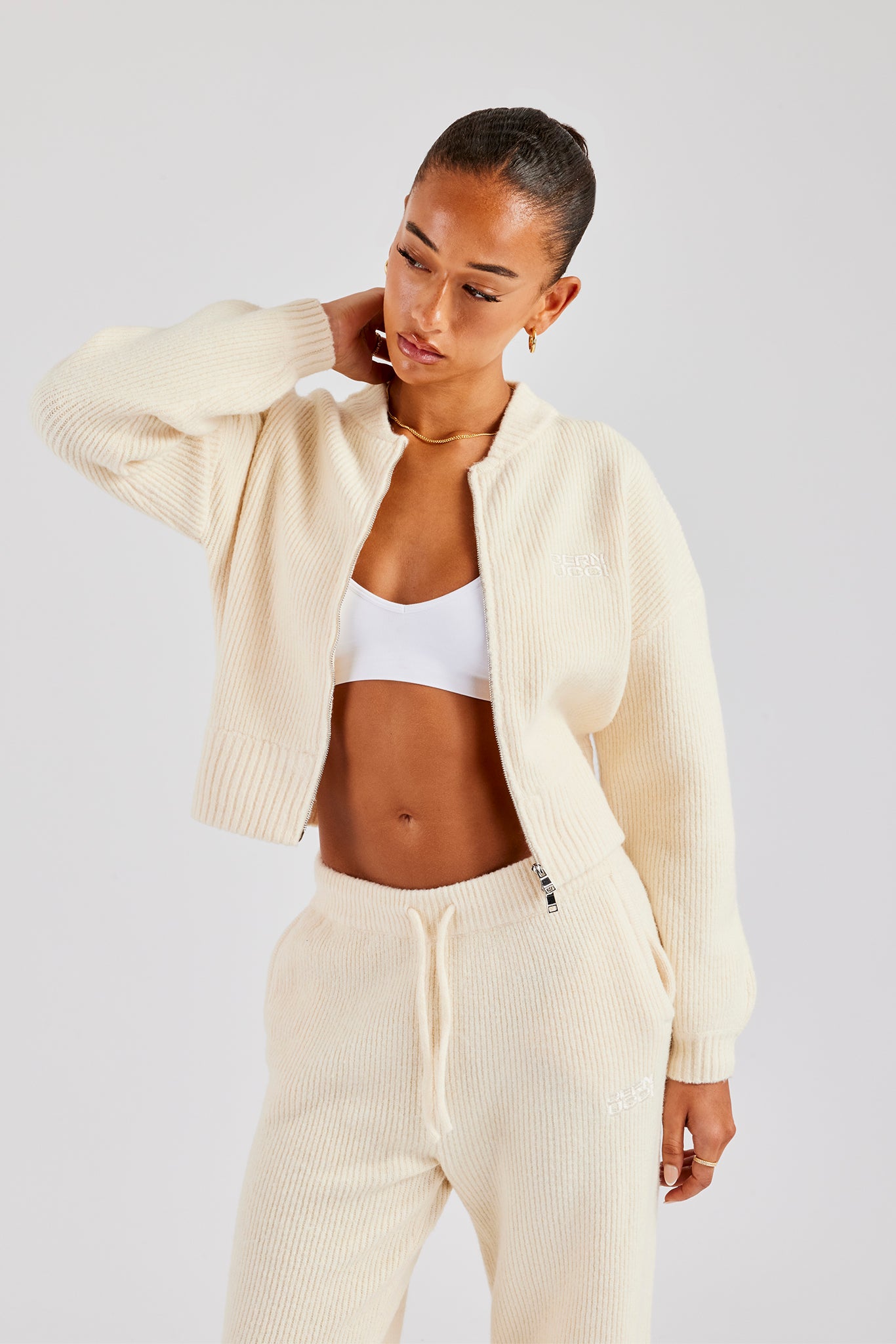 Knitted Zip Front Bomber - Oatmeal | Womens Knitwear | Shop