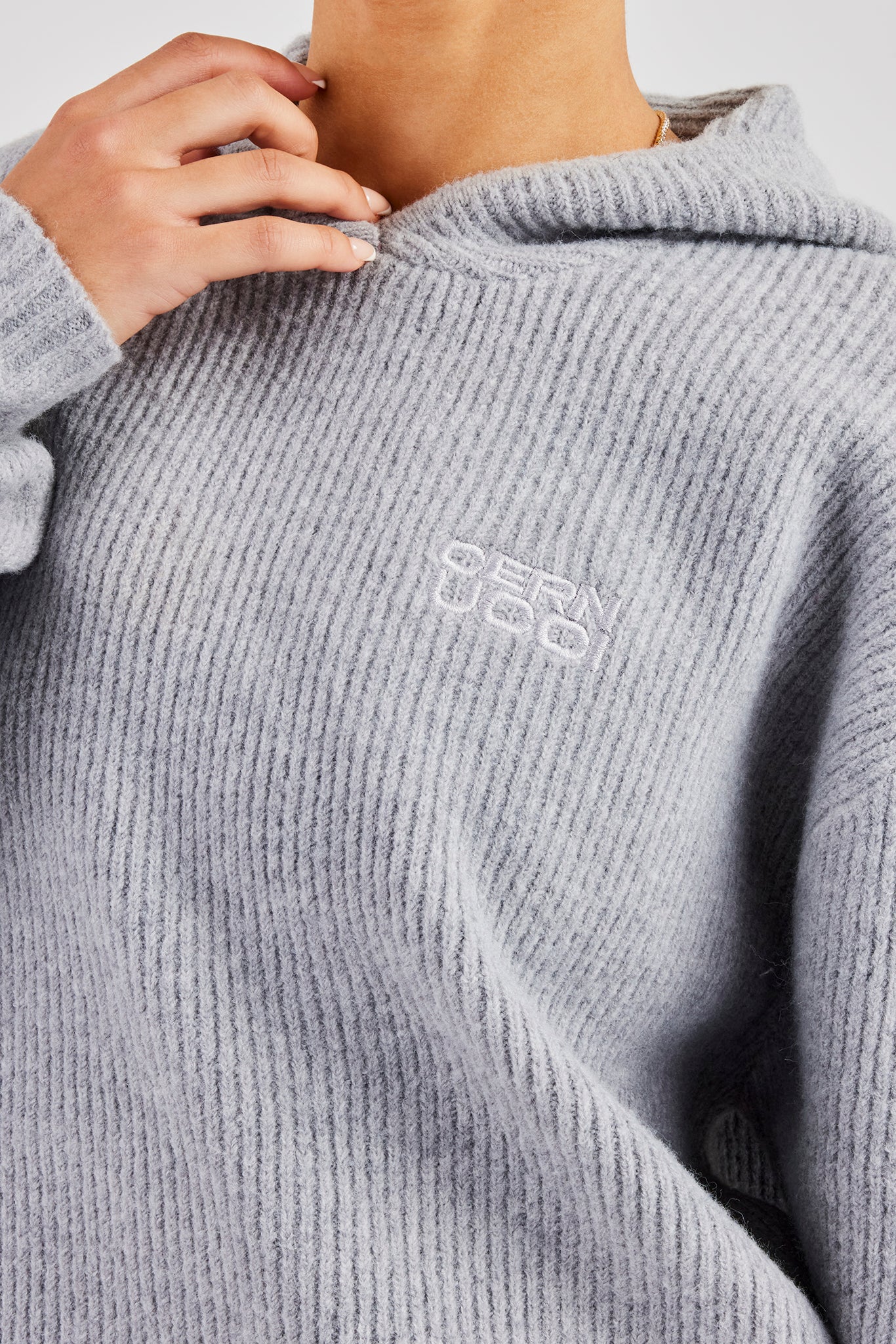 Knit Boxy Raglan Embroidered Hoodie - Grey | Womens Knitwear