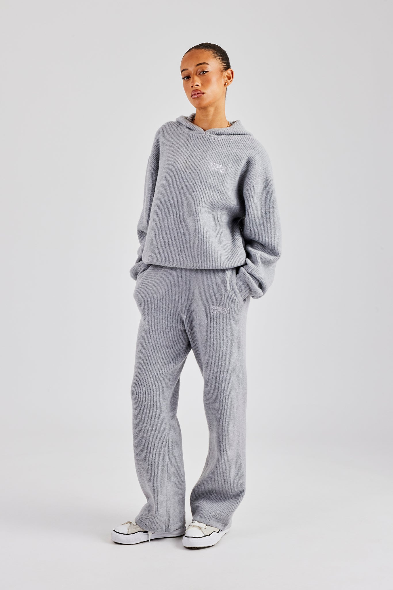 Knit Wide Leg Embroidered Jogger - Grey | Womens Knitwear | Shop