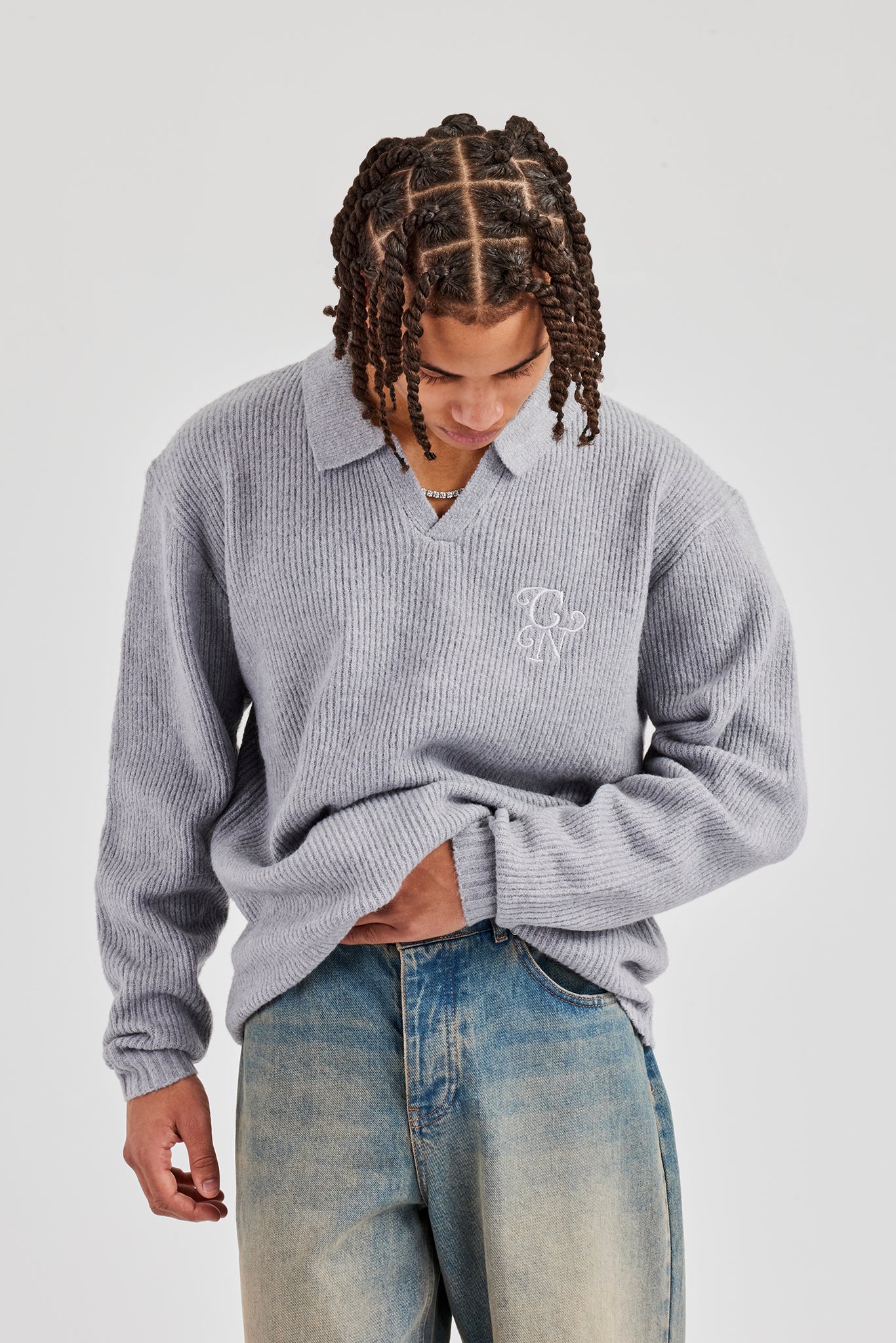 Knit Collared Sweat - Grey