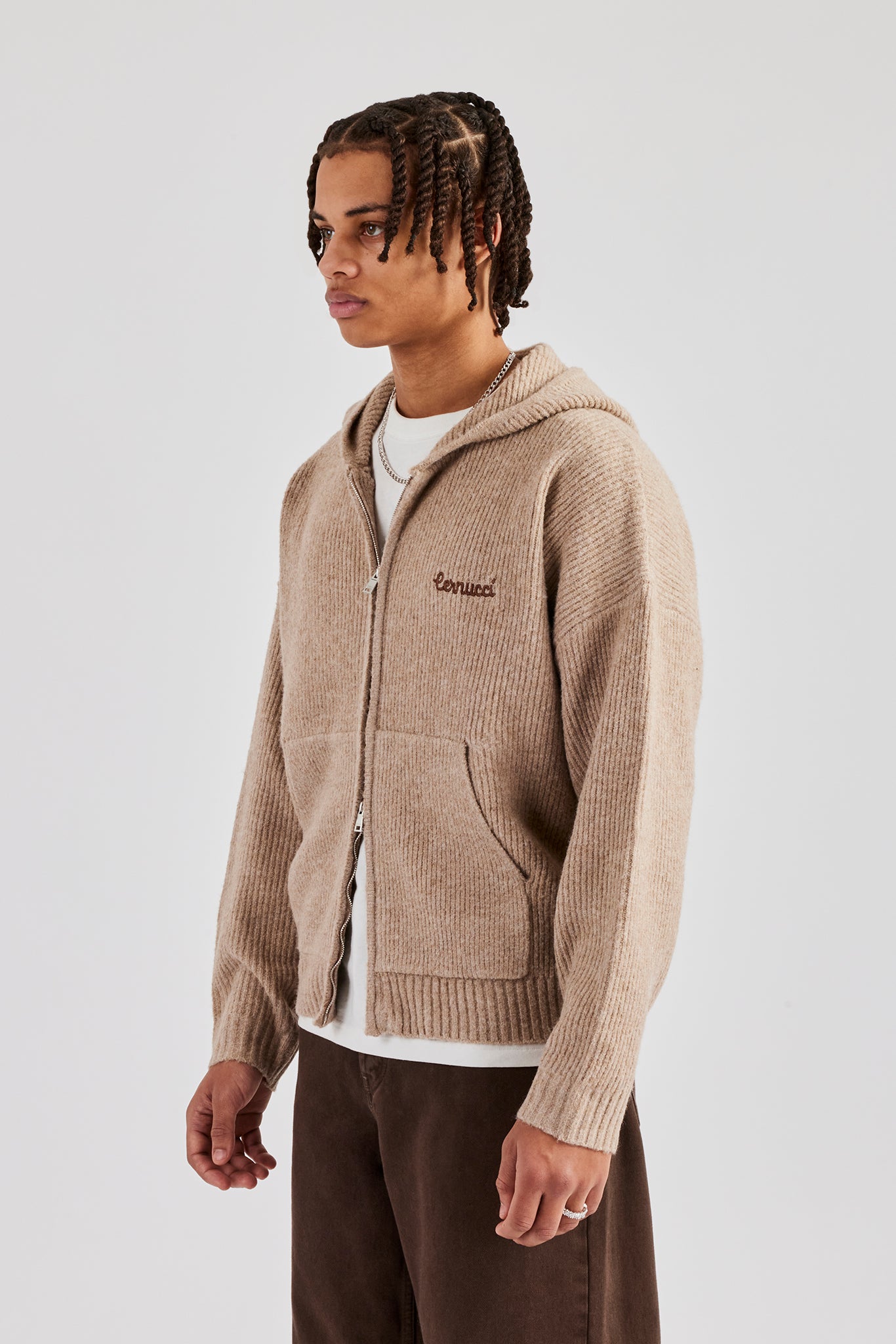 Tonal Zip Through Knit Hoodie - Stone | Mens Knitwear | Shop