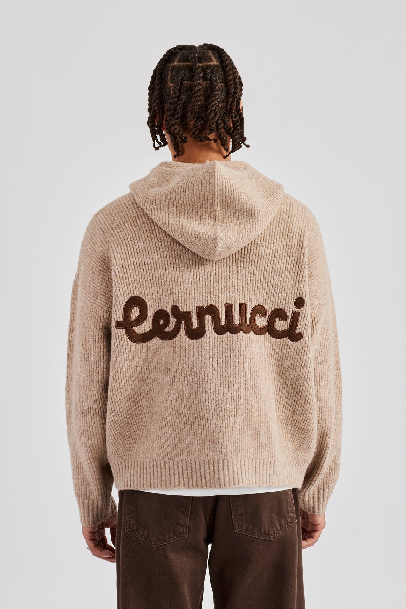 Farblich abgestimmter Strick-Hoodie mit durchgehendem Reißverschluss - Stein