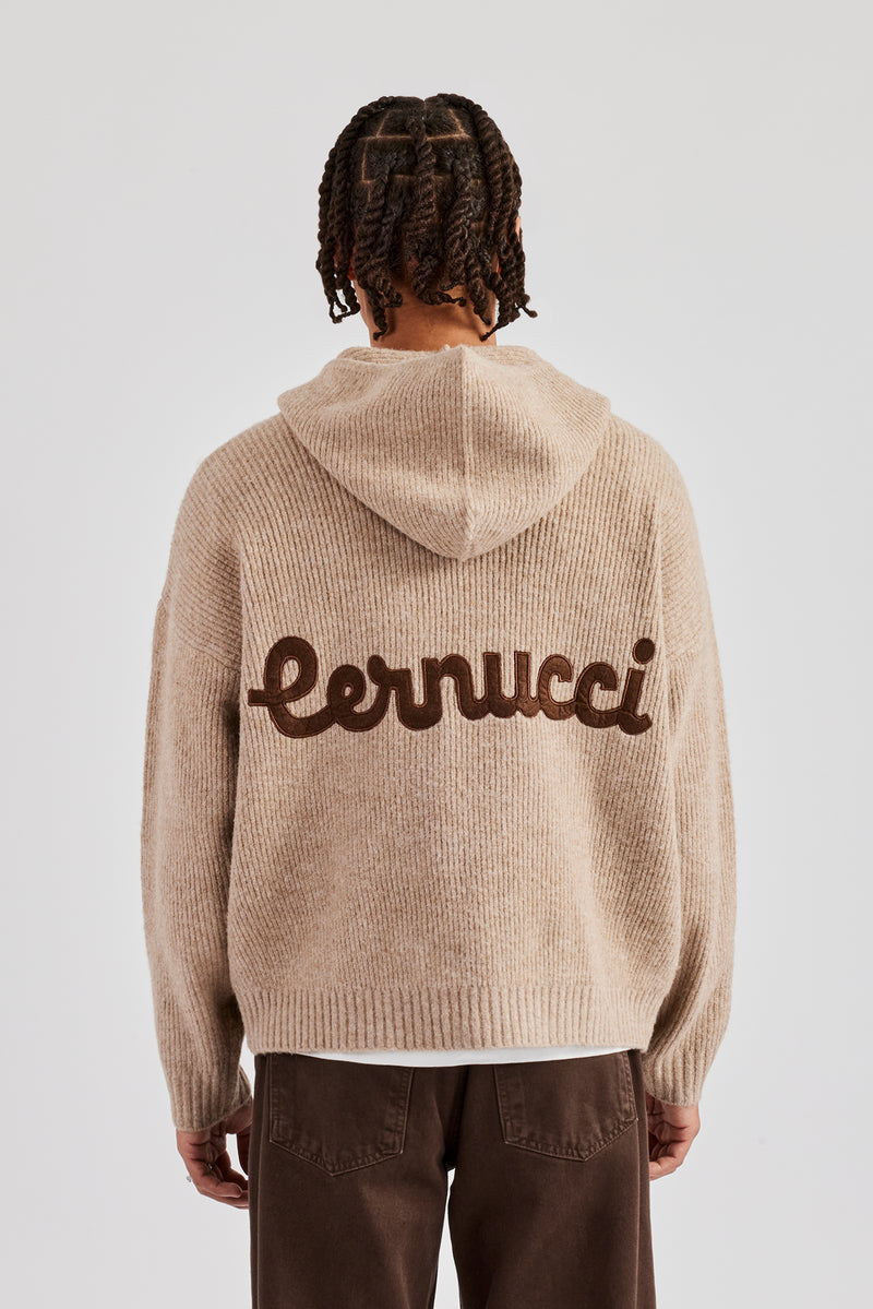 Farblich abgestimmter Strick-Hoodie mit durchgehendem Reißverschluss - Stein