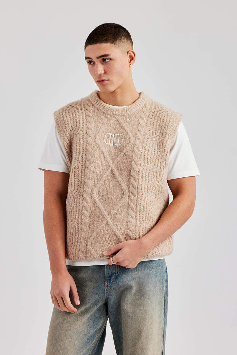 Mens Cable Knit Vest Stone Mens Knitwear Shop Knitwear Vests