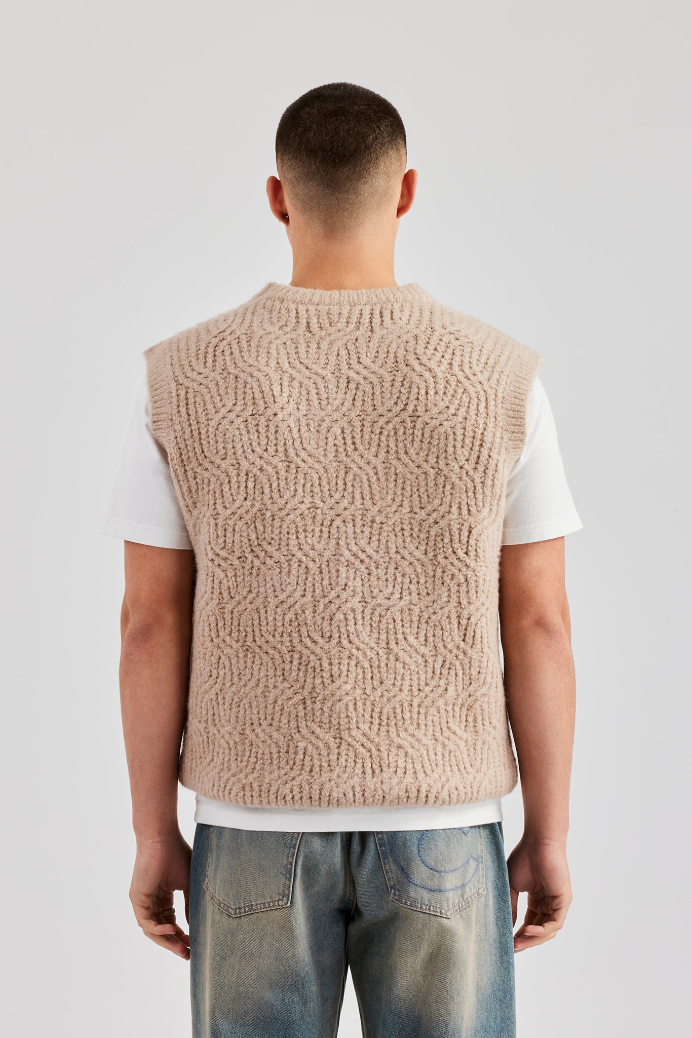 Mens Cable Knit Vest - Stone | Mens Knitwear | Shop Knitwear Vests