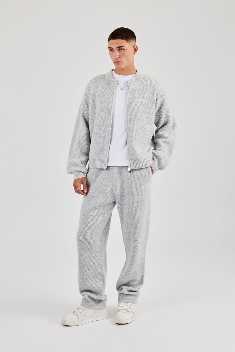 Embroidered Knitted Bomber & Jogger - Light Grey