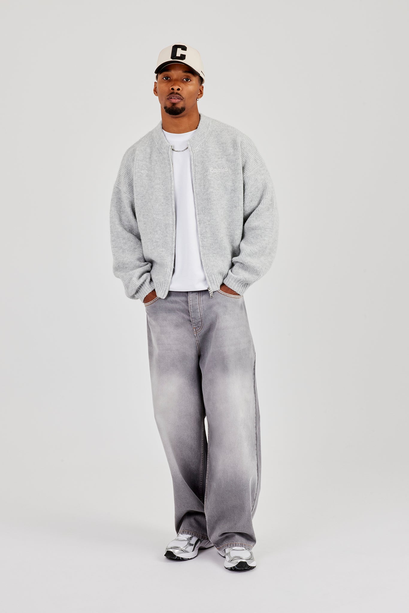 Embroidered Knitted Bomber - Light Grey