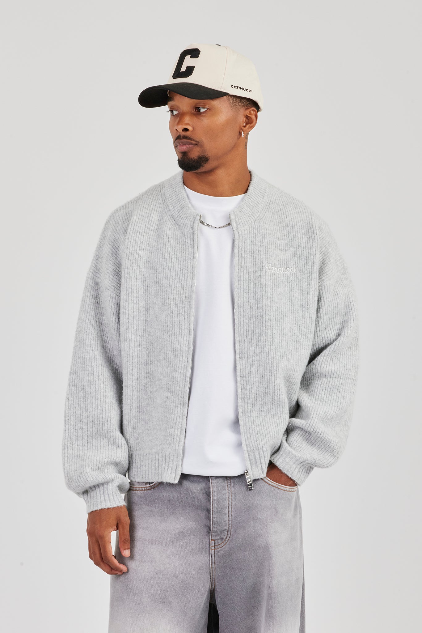 Embroidered Knitted Bomber - Light Grey