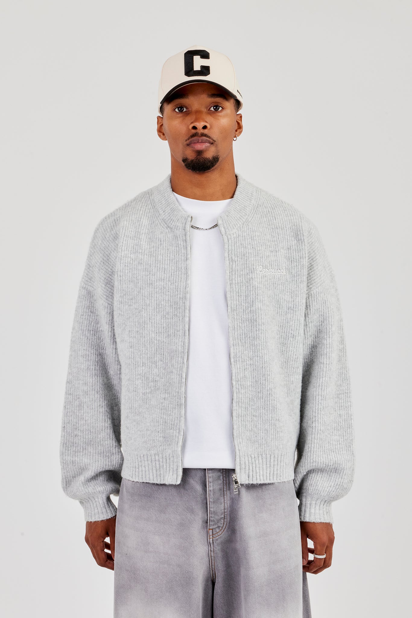 Embroidered Knitted Bomber - Light Grey