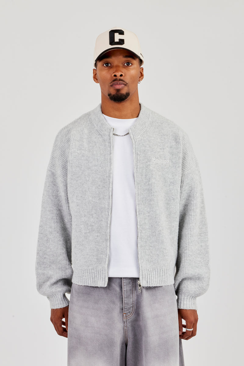 Embroidered Knitted Bomber - Light Grey