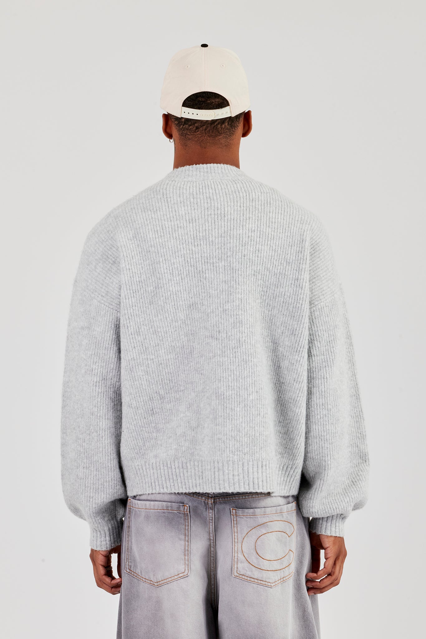 Embroidered Knitted Bomber - Light Grey