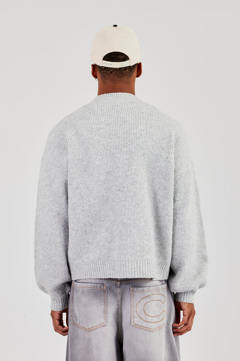 Embroidered Knitted Bomber - Light Grey