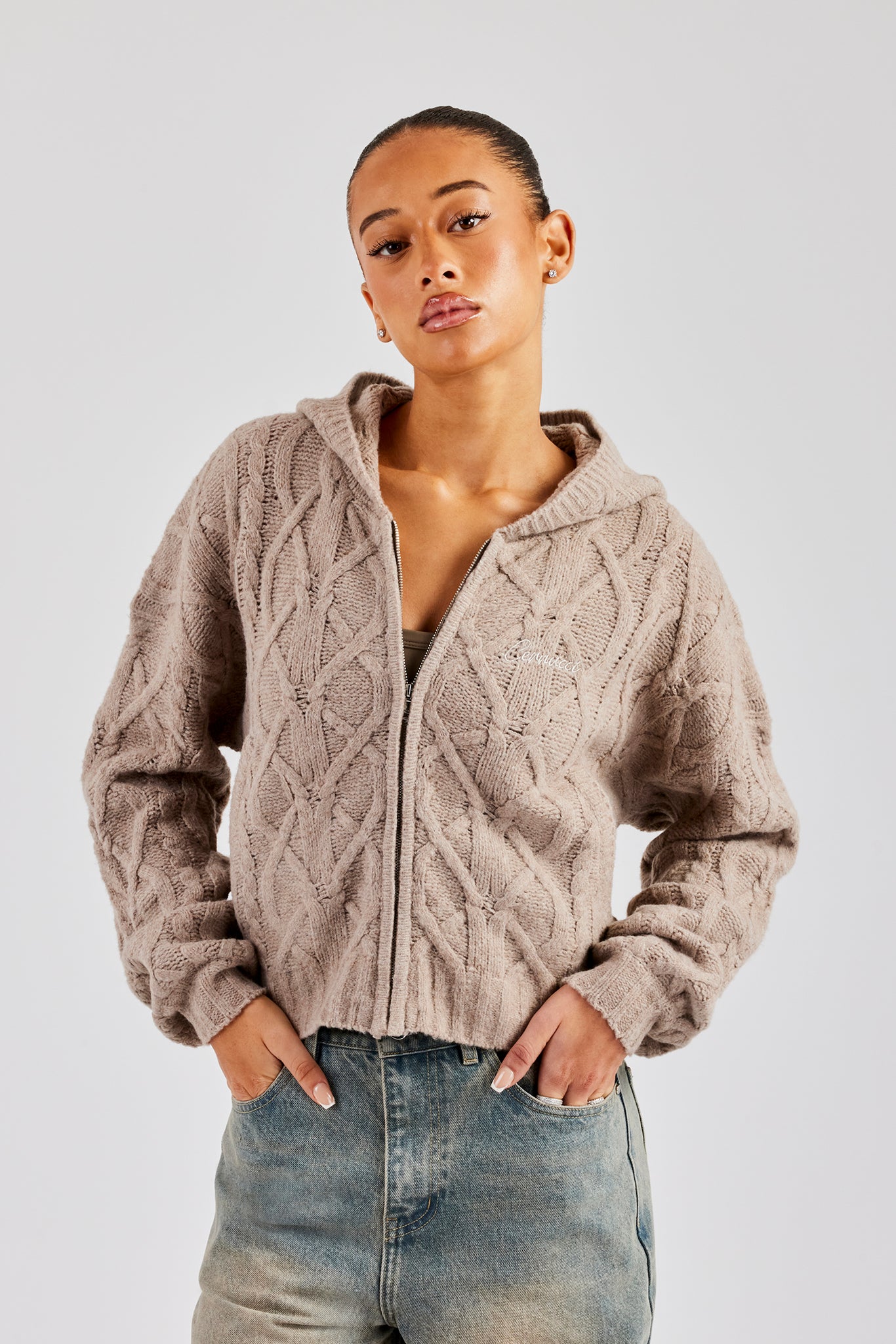 Cable Knit Zip Through Knit Hoodie - Stone | Womens Knitwear