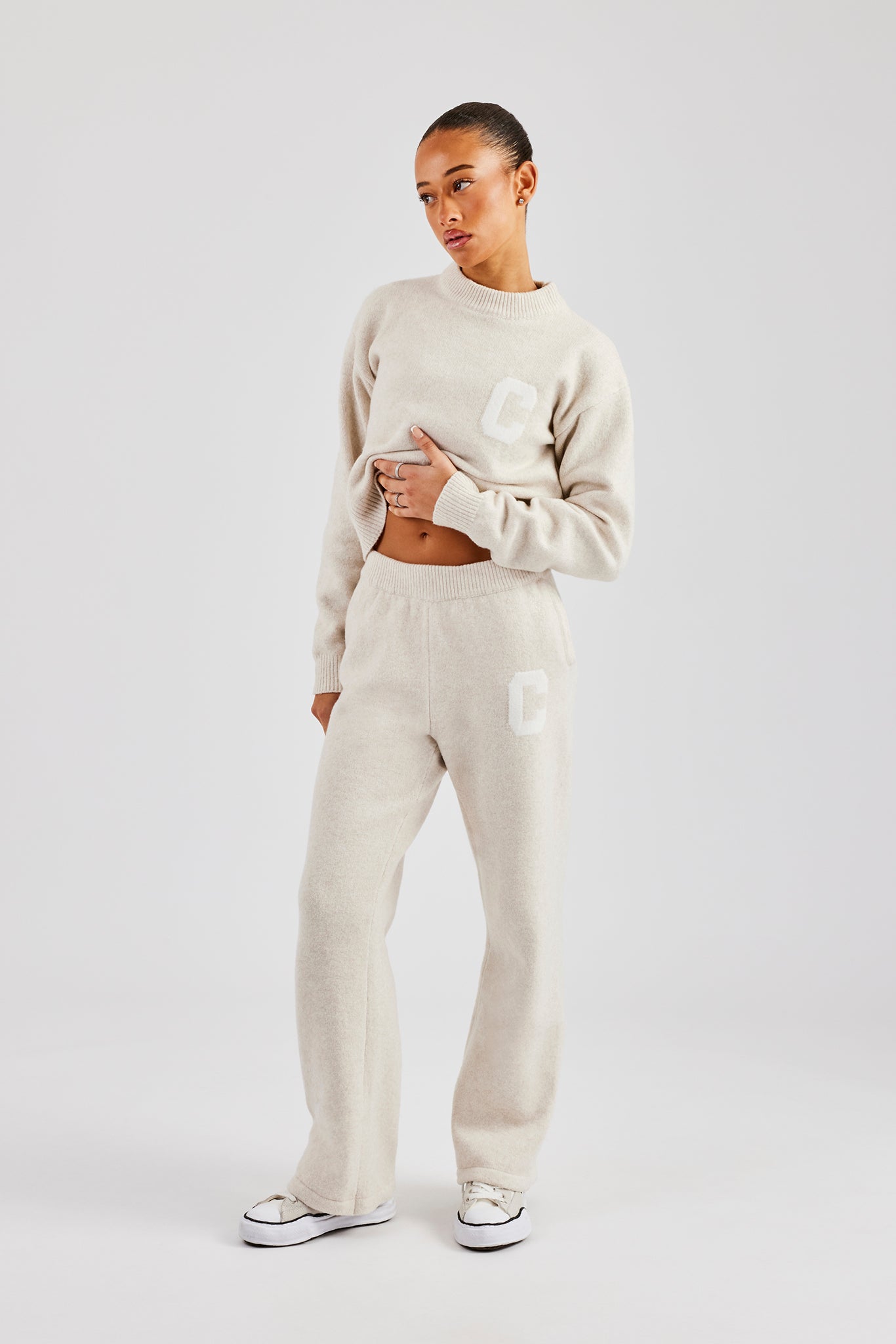 C Knitted Boxy Sweatshirt - Oatmeal | Womens Knitwear | Shop