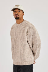 Zopfmuster-Sweatshirt mit Stickerei – Beige