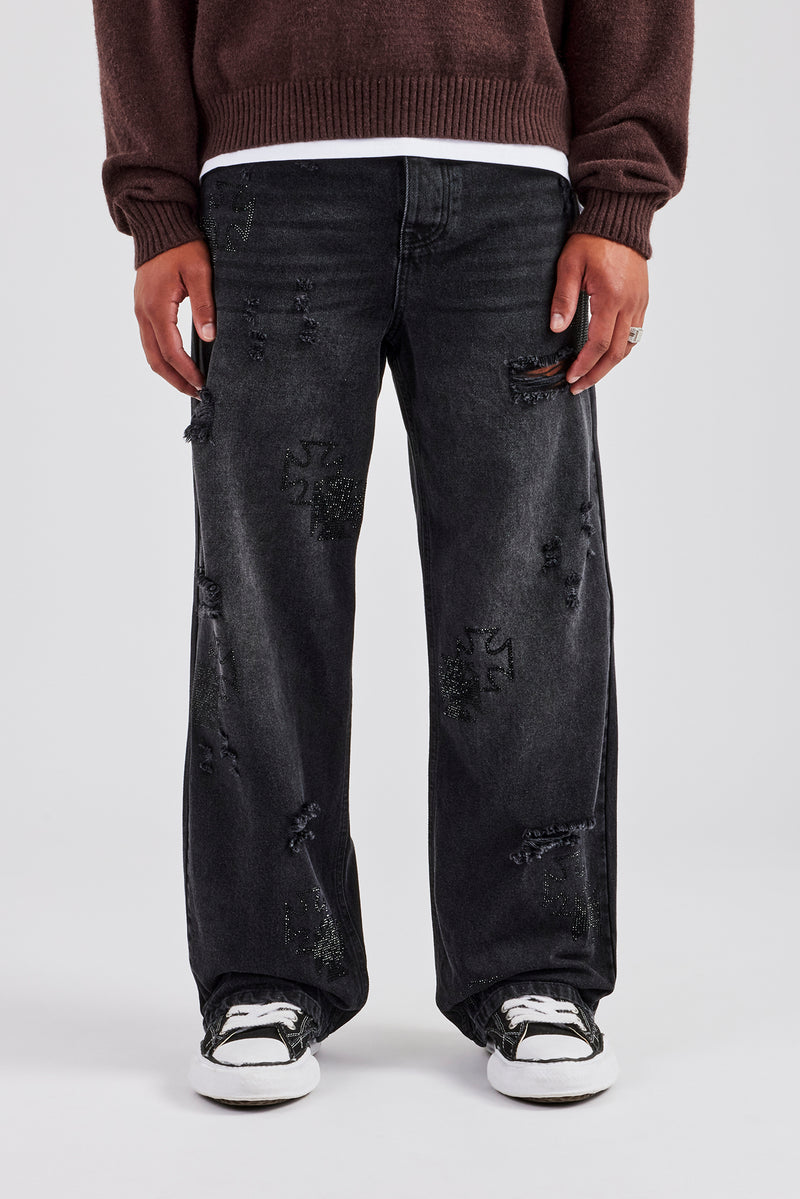 Rhinestone Motif Baggy Jean Mens Denim Shop Denim Jeans at