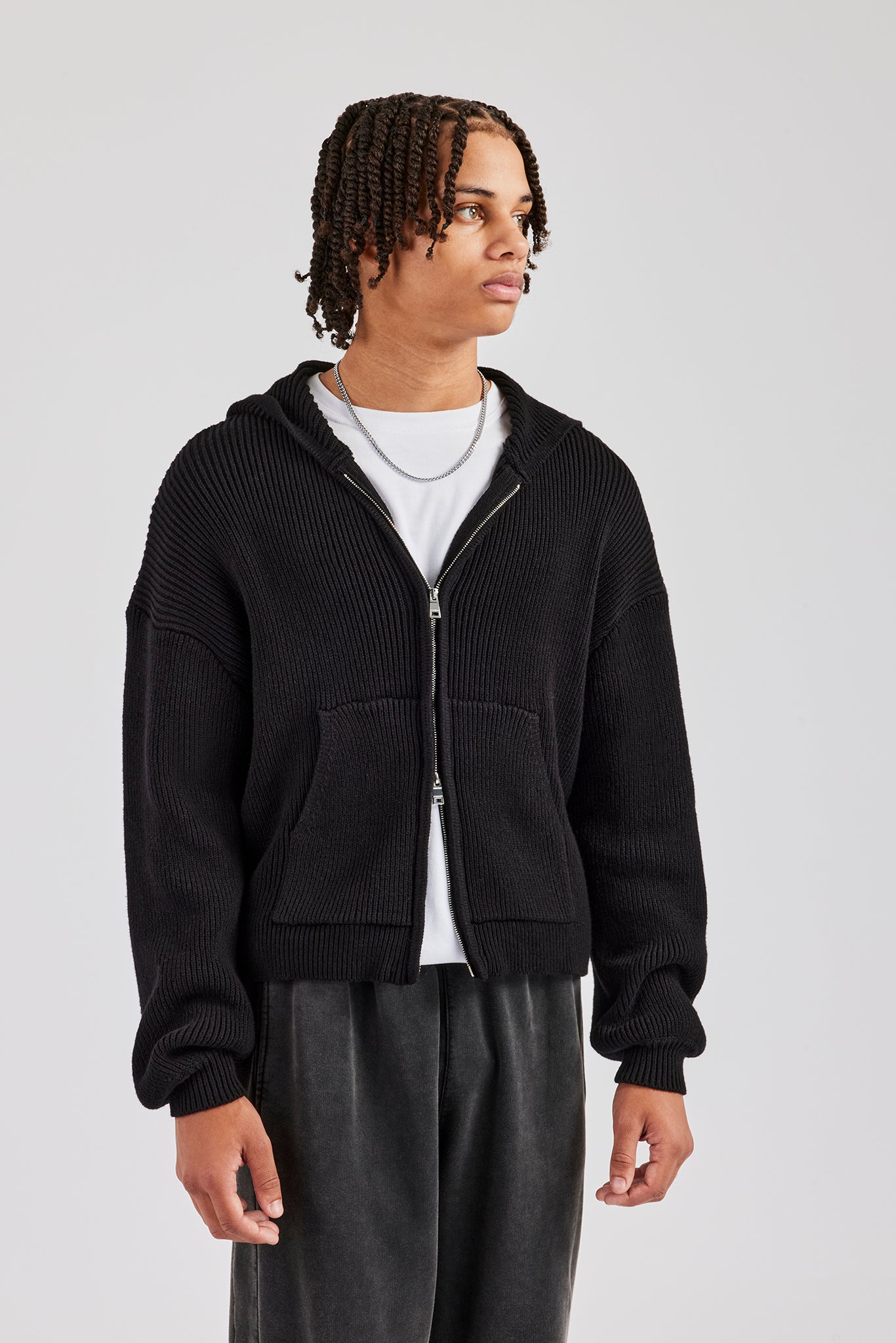 トップス simplycomplicated HOODED KNIT SWEATER 2 WOOL TERRY KNIT ZIP HOODIE(1 DARK GREY): SimplyComplicated: MENS