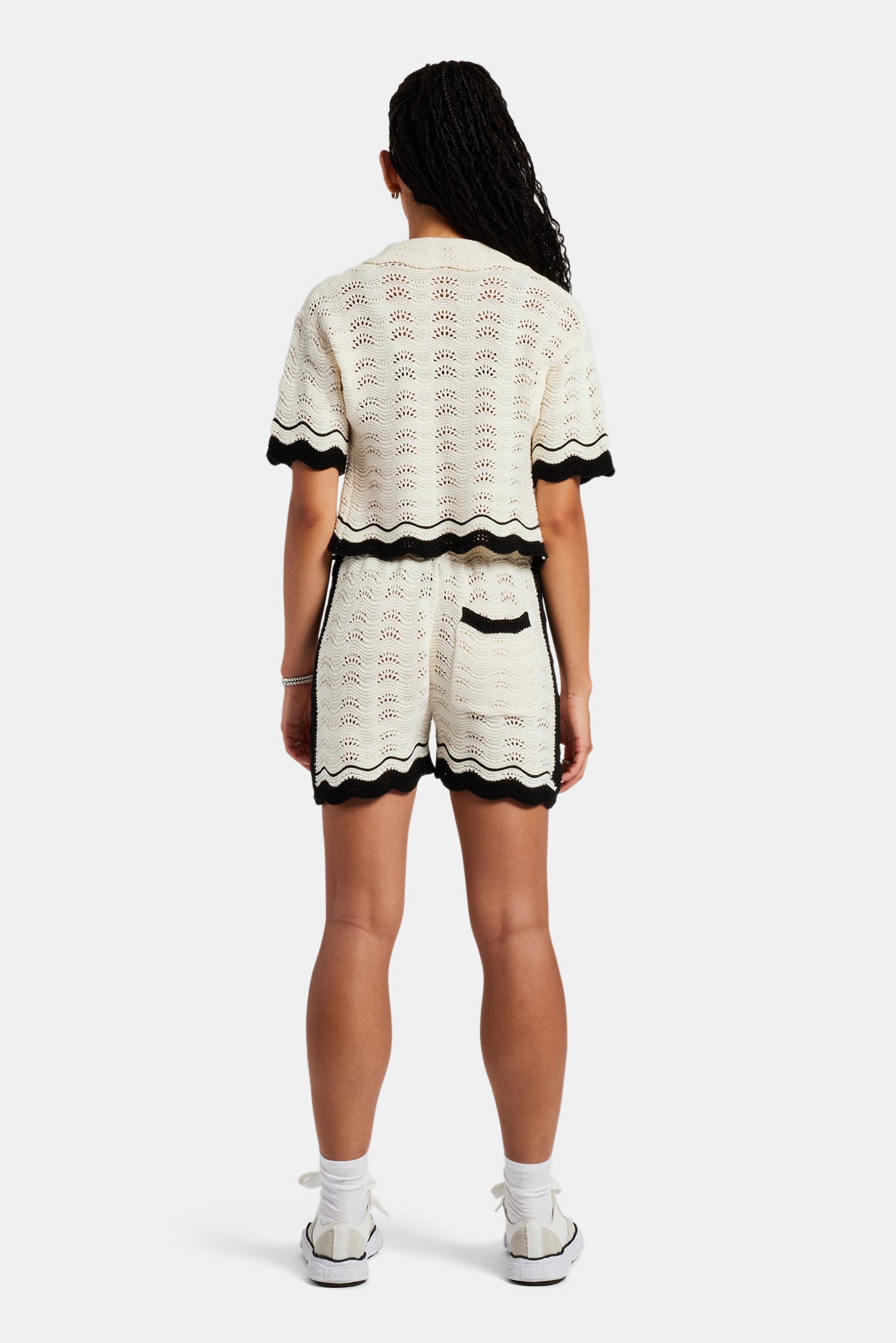 Contrast Crochet Knitted Shirt & Short Set - Off White | Womens